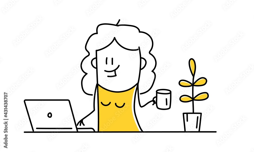Stick woman sitting at a desk working online on a laptop. Stick woman sitting at a desk working online on a laptop.