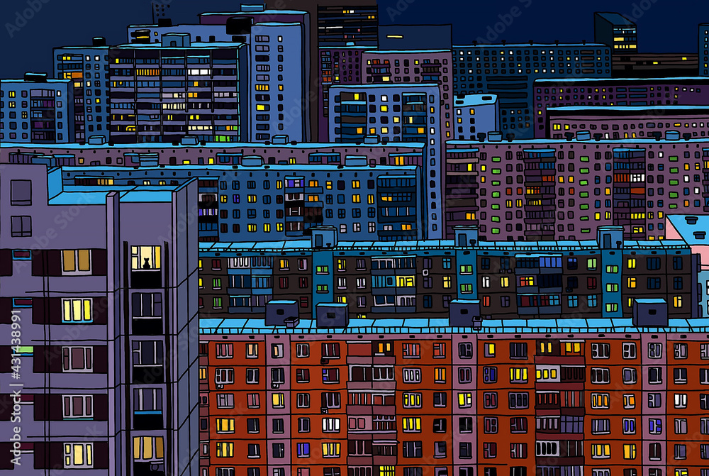Obraz premium Urban landscape: many apartment buildings of different sizes and heights. A typical view of a residential neighborhood in Russia. Hand-drawn realistic drawing.
