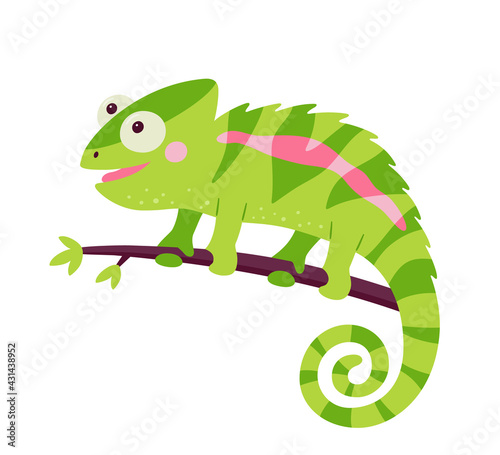 Funny chameleon lizard character. Green reptile with curved tail sitting on branch of jungle tree. Isolated vector illustration on white background.
