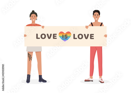 LGTB activists at pride parade holding placard with slogan Love is Love and rainbow heart. Gay, transgender or lesbian at demonstration for equal rights. Vector characters on white background.