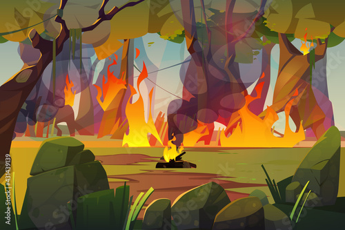 Fire in camping and burning forest. Concept of natural disaster, ecology catastrophe. Vector cartoon illustration of wildfire, burnt landscape with flame on grass and trees