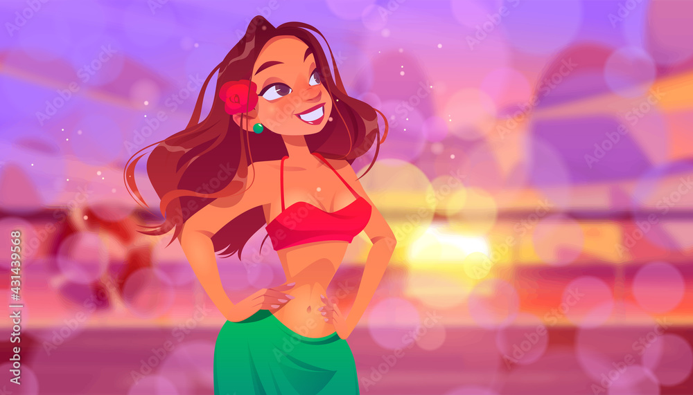 Young woman on yacht desk, beautiful girl with red flower in hair, top and green skirt posing with arms akimbo on ocean view blurred background, summer relax, marine voyage Cartoon vector illustration