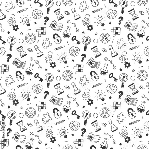 Puzzle and riddles. Hand drawn seamless pattern with crossword puzzle, maze, brain, chess piece, light bulb, labyrinth, gear, lock and key. Vector illustration in doodle style on white background
