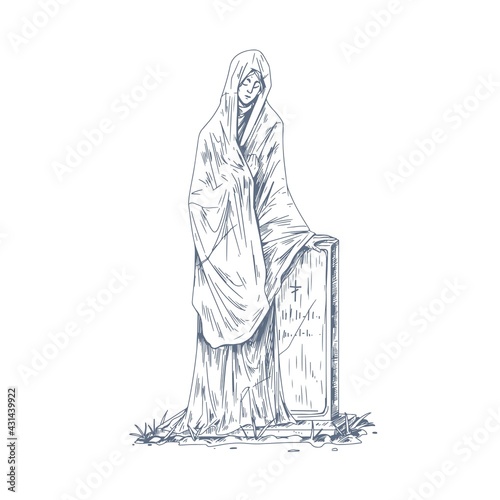 Cemetery tombstone with sculpture. Vintage catholic gravestone with statue. Christian headstone of tomb. Gothic funeral art. Hand-drawn vector illustration isolated on white background