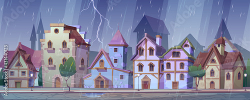 Medieval german night street at rainy weather. Traditional half-timbered houses under rain and lightning. European buildings in old town. Fachwerk cottages cityscape, Cartoon vector illustration