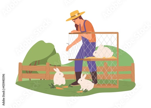 Young female farmer feeding rabbits with carrot. Woman in overall care about bunnies in cage. Animal breeding. Flat vector illustration of person and domestic hares isolated on white background