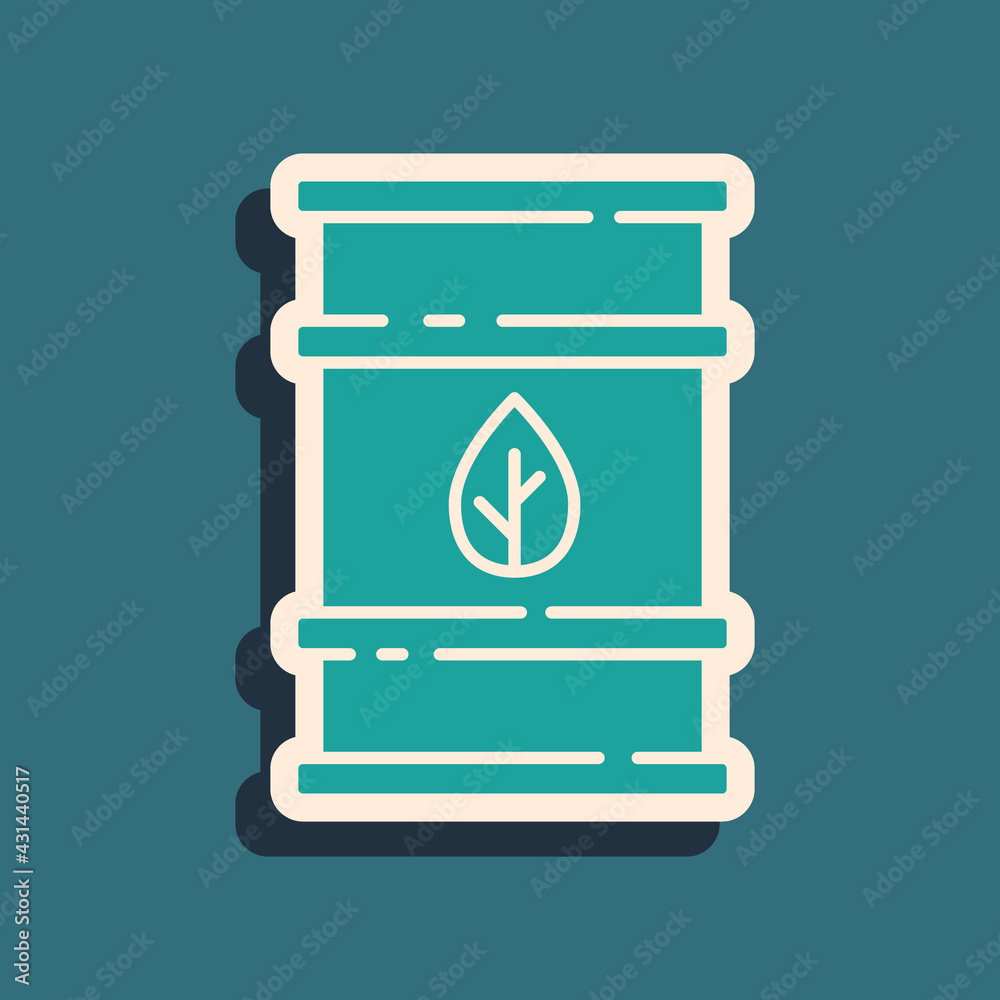 Green Bio fuel barrel icon isolated on green background. Eco bio and canister. Green environment and recycle. Long shadow style. Vector Green Bio fuel barrel icon isolated on green background. Eco bio and canister. Green environment and recycle. Long shadow style. Vector