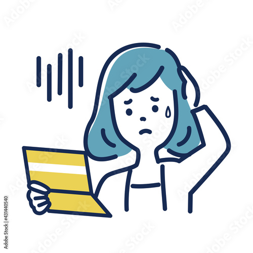 通帳を見て落ち込む女性のイラスト素材