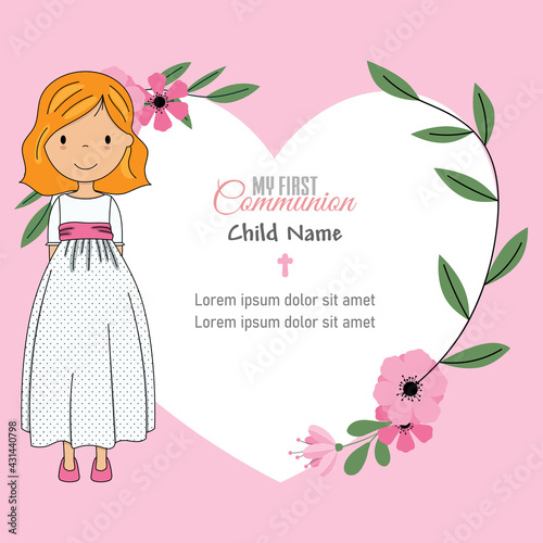 My first communion card. Girl with flower frame.	