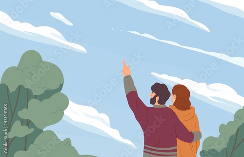 Romantic couple hugging and looking at sky with clouds and distant plane. Man and woman dreaming. Motivation and inspiration concept. Colored flat vector illustration isolated on white background