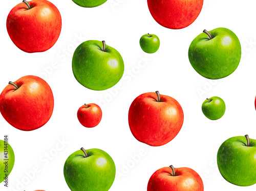 Red and green apple seamless pattern. Hand drawn texture with whole appleson white background. Artistic natural food wallpaper