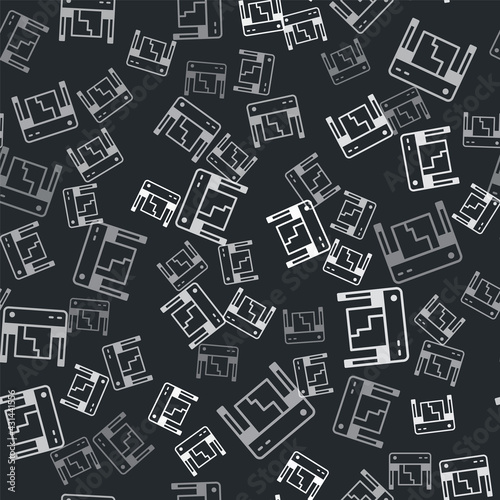 Grey Plotter icon isolated seamless pattern on black background. Large format multifunction printer. Polygraphy, printshop service. Vector