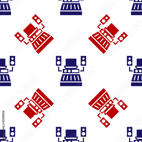 Blue and red Music sound recording studio control room with professional equipment icon isolated seamless pattern on white background. Vector