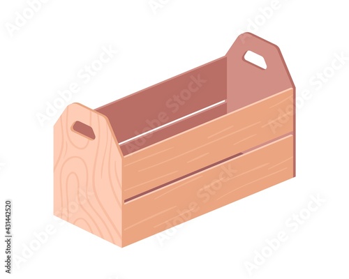 Wooden box with handles for storage and shipment. Crate from wood, planks or timber. Realistic plywood container for transportation. Colored flat vector illustration isolated on white background