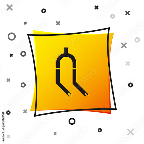 Black Bicycle suspension fork icon isolated on white background. Sport transportation spare part steering wheel. Yellow square button. Vector