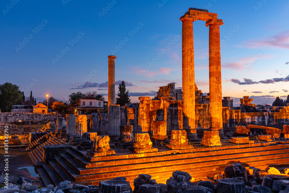 Lighted ruins of Apollo Temple at Didyma at dusk, Turkey. High quality photo