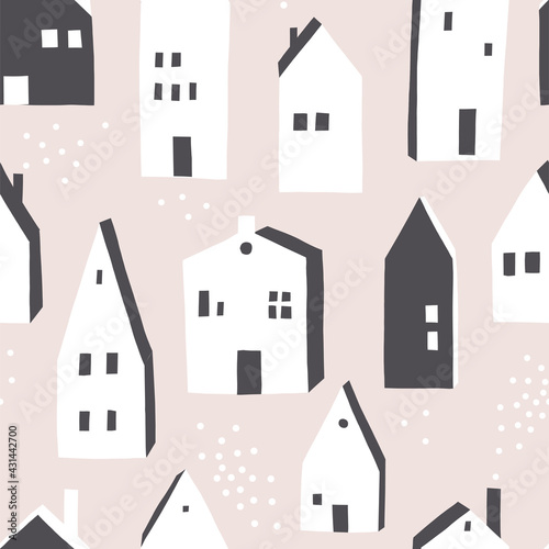 Cute winter Christmas Scandinavian house vector seamless pattern. Whimsy holly Xmas abstract modern hygge festive background. Seasonal winter holidays geometric graphic design