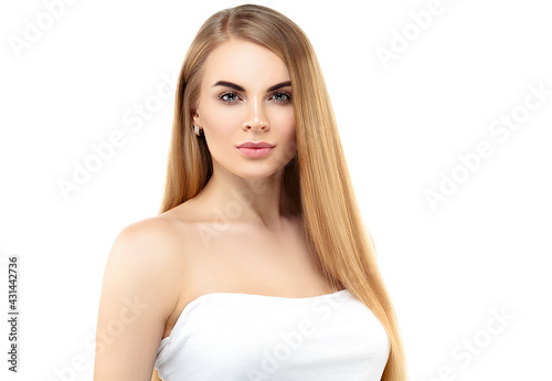 Beautiful woman with long blonde hairstyle healthy beauty skin natural make up