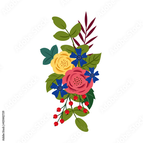 Floristic composition of flowers, leaves and berries. Vector illustration.