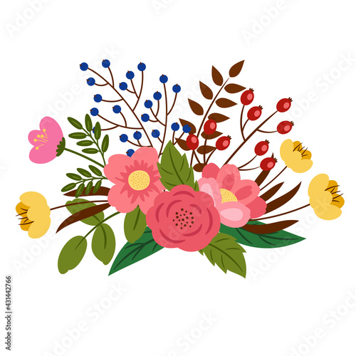 Floristic composition of flowers, leaves and berries. Vector illustration.