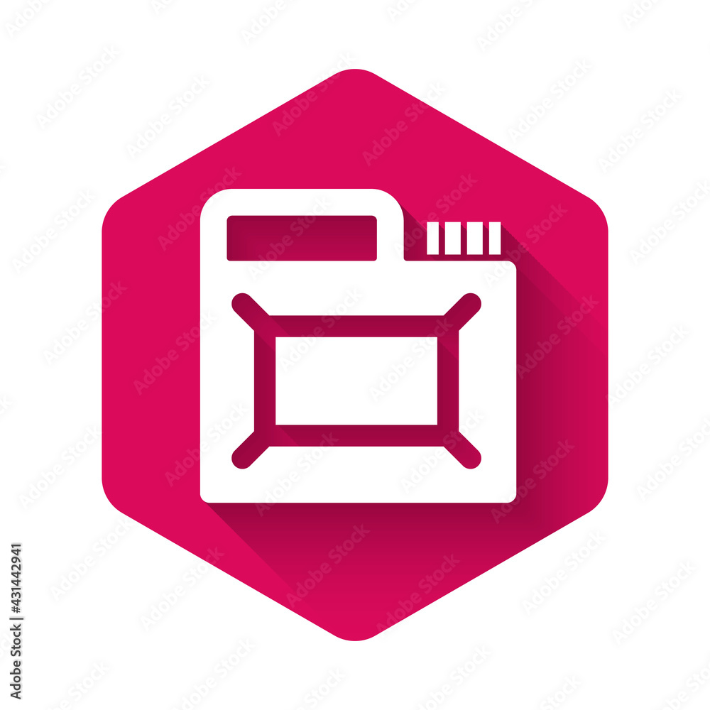 White Canister for motor machine oil icon isolated with long shadow background. Oil gallon. Oil change service and repair. Engine oil sign. Pink hexagon button. Vector White Canister for motor machine oil icon isolated with long shadow background. Oil gallon. Oil change service and repair. Engine oil sign. Pink hexagon button. Vector