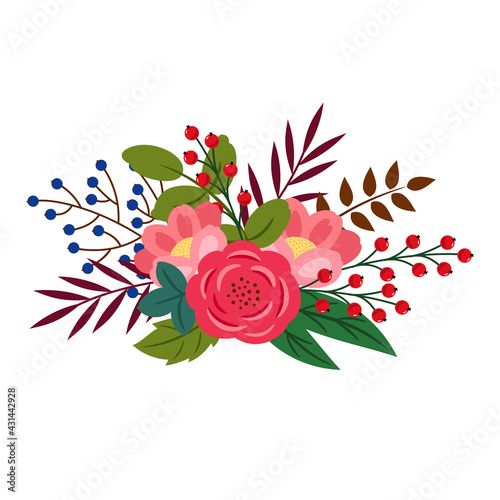 Floristic composition of flowers, leaves and berries. Vector illustration.