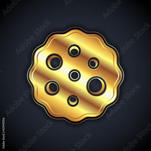 Gold Cookie or biscuit with chocolate icon isolated on black background. Vector