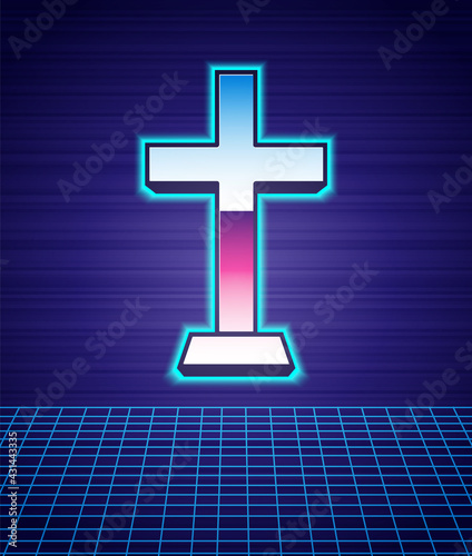 Retro style Christian cross icon isolated futuristic landscape background. Church cross. 80s fashion party. Vector