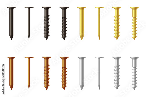 Silver bronze black golden nails and screws stainless steel and brass repair fixing elements set design vector illustration