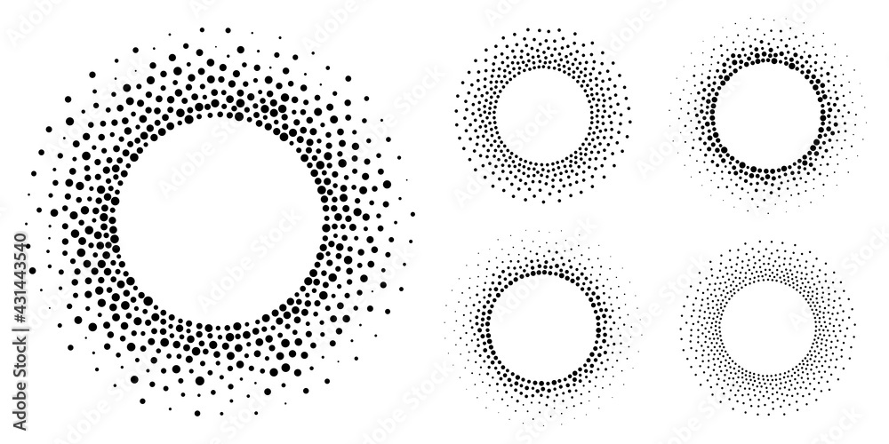 Halftone circular dotted frames set. Circle dots isolated on the white background. Logo design element for medical, treatment, cosmetic. Round border using halftone circle dots texture. Vector