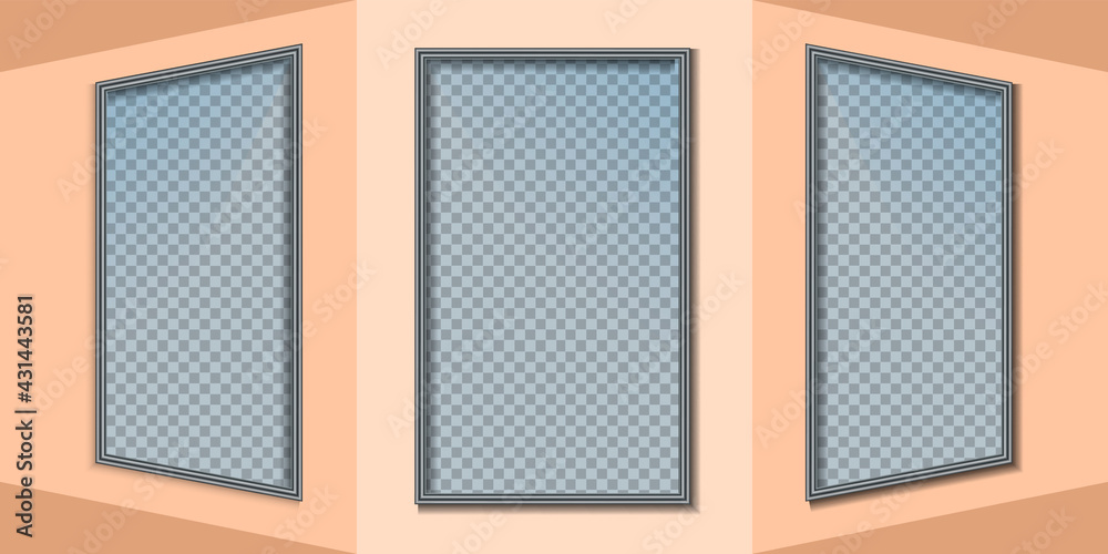 Realistic windows. Frames and glass on a transparent background.