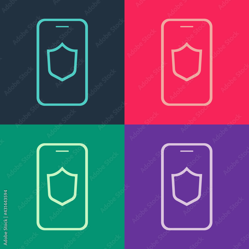 Pop art Smartphone, mobile phone with security shield icon isolated on color background. Security, safety, protection concept. Vector Pop art Smartphone, mobile phone with security shield icon isolated on color background. Security, safety, protection concept. Vector