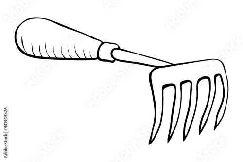 Hoe like small rake. Hand drawn outline vector illustration in doodle style, isolated. Gardening element. Tools for working in the garden, on the farm, in the dacha, country site