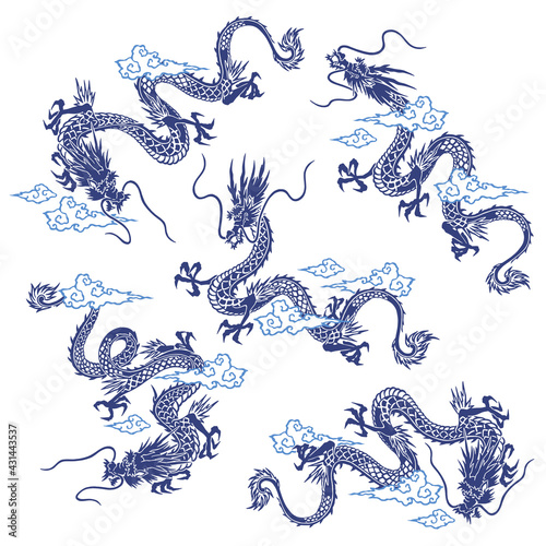 A collection of materials depicting dragons in Japanese style,