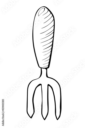 Hoe like fork. Hand drawn outline vector illustration in doodle style, isolated. Gardening element. Tools for working in the garden, on the farm, in the dacha, country site