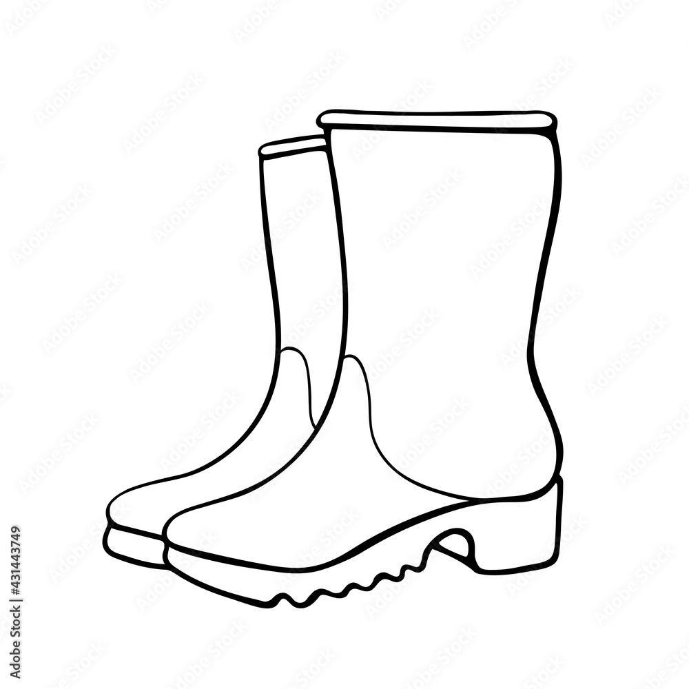 Vector outline rubber rain boots for rainy weather or gardening. Hand drawn element of clothes, clip art in doodle style, isolated Vector outline rubber rain boots for rainy weather or gardening. Hand drawn element of clothes, clip art in doodle style, isolated