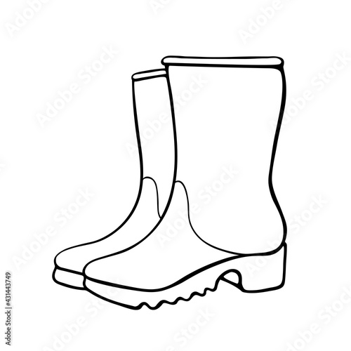 Vector outline rubber rain boots for rainy weather or gardening. Hand drawn element of clothes, clip art in doodle style, isolated