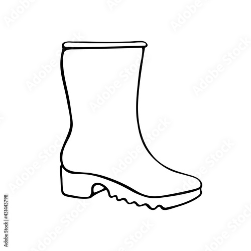 Vector outline rubber rain boot for rainy weather or gardening. Hand drawn element of clothes, clip art in doodle style, isolated