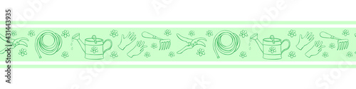 Edging, ribbon, border with outline flowers and garden equipments. Vector seamless pattern, ornament, decorative element, decoration with tools gardening in doodle style