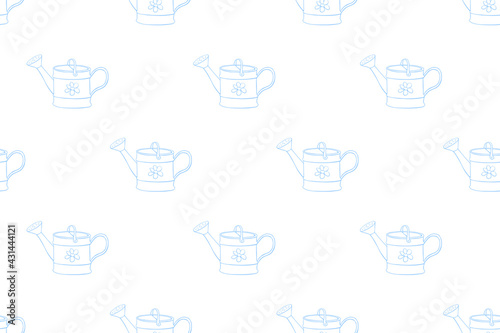 Seamless pattern with watering cans. Hand drawn outline vector background and texture in doodle style, isolated. Gardening tools for working in the garden, on the farm, in the dacha, country site
