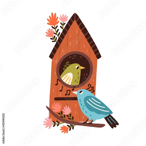 Cute funny birds sitting on tree branch with blooming flowers and inside wooden house. Spring time characters. Colored flat vector illustration isolated on white background