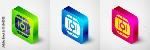 Isometric Wooden barrel with honey icon isolated on grey background. Square button. Vector