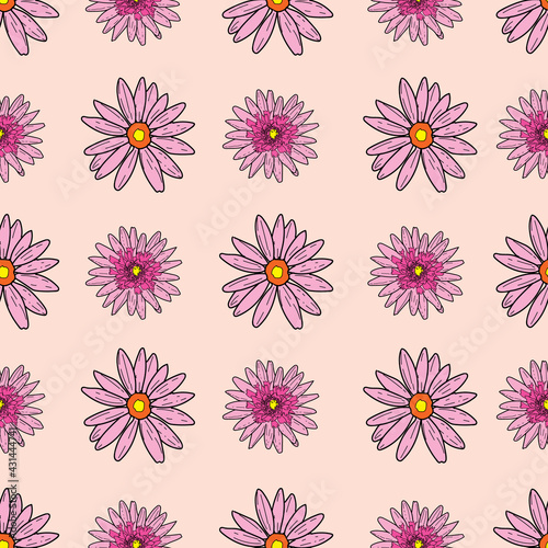 Fototapeta Naklejka Na Ścianę i Meble -  Vector pastel pink beige background pink daisy flowers and wild flowers. Seamless pattern background
