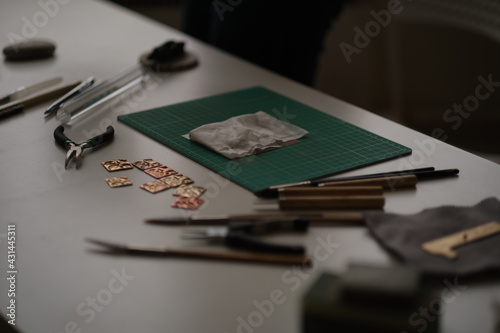 Still life of goldsmith's tools. realistic photograph of a jeweler's workplace