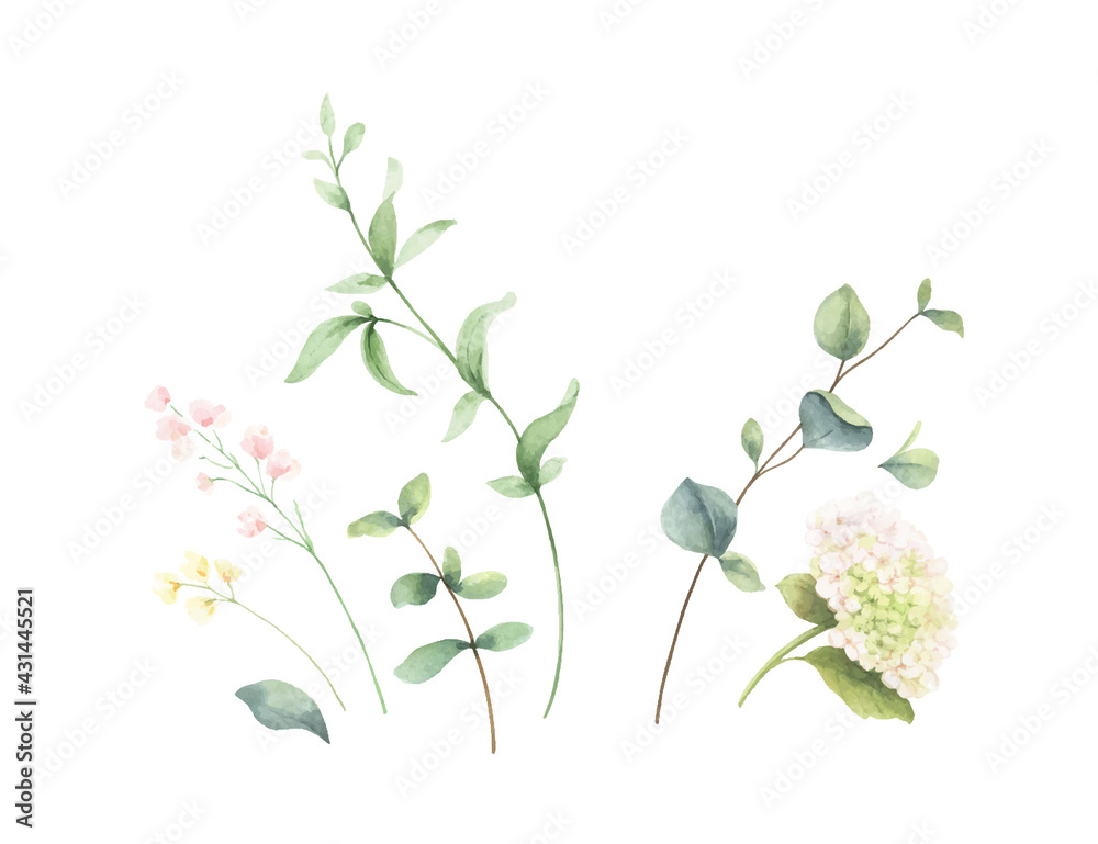 Watercolor vector bouquet of green branches and flowers.