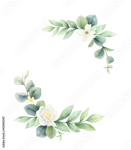 Watercolor vector wreath of green branches and flowers. © ElenaMedvedeva