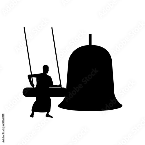 black silhouette design with isolated white background of monks hit bell