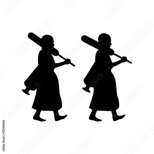black silhouette design with isolated white background of monks on pilgrimage