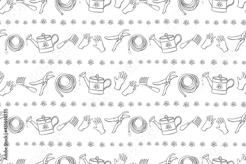 Seamless pattern with outline garden equipments  watering can  rake  hoe  gloves  pruner  hose for irrigation. Vector backgrounds and textures with tools gardening in doodle style