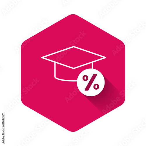 White Graduation cap and coin icon isolated with long shadow background. Education and money. Concept of scholarship cost or loan, tuition or study fee. Pink hexagon button. Vector